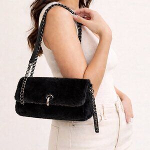 Gilda Paris Faux Fur Baguette Shoulder Bag Black Chain & Leather Strap NWT